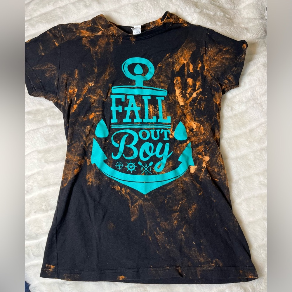 Fall Out Boy Bleach Dye Jrs M Black Orange Teal Anchor Graphic Concert Tee Music